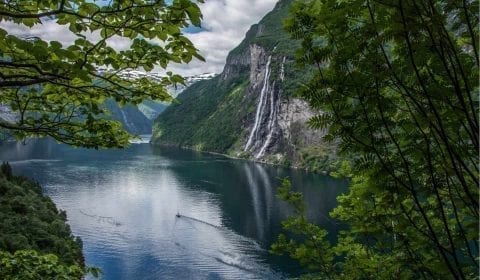 The amazing Geirangerfjord and the Seven Sisters waterfall, surrounded by beautiful green nature